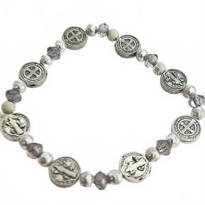 St. Benedict Religious Catholic Rosary Silver Tone Beaded Stretch Bracelet
